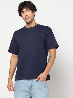 GAP - Men Textured Relaxed Fit Crew Neck Navy Blue T-Shirt