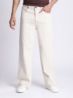 Bene Kleed - Men Off White Ecru Wide Leg Mid Rise Jeans