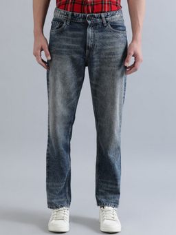 Bene Kleed - Men Navy Blue Relaxed Fit Mid-Rise Medium Shade Heavy Fade Clean Look Cotton Jeans