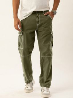 Bene Kleed - Men Olive Relaxed Fit Mid Rise Contrast Stitch Cargo