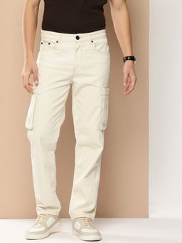 Bene Kleed - Men Off White Straight Fit Mid-Rise Pure Cotton Cargo Jeans