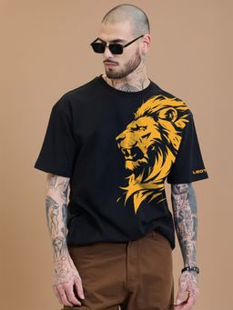 LEOTUDE - Men Black Oversized Cotton Lion Graphic Print T-Shirt
