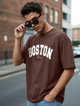 LEOTUDE - Men Brown Boston Oversized T-Shirt