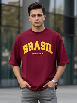 LEOTUDE - Men Maroon Oversized Brazil Printed T-Shirt