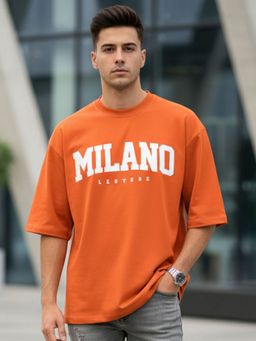 LEOTUDE - Men Orange Oversized Milano Printed T-Shirt