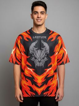 LEOTUDE - Men Red Flames Stylish Oversized Polyester T-Shirt