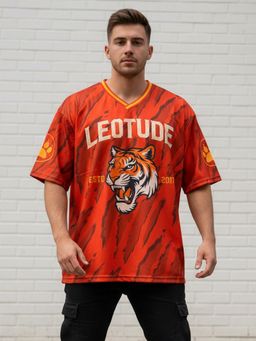 LEOTUDE - Men Tiger Theme Red Oversized Polyester T-Shirt