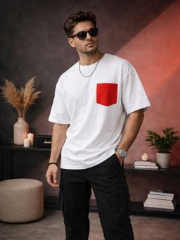 The Fit Theory - Men Oversized Boxy White with Red Pocket T-Shirt
