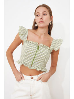 Trendyol - Green Gingham Frill Sleeve Top With Zip L