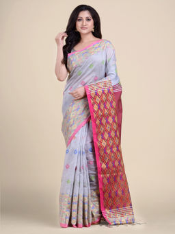 CHARUKRITI - Blue Maroon Woven Design Blended Cotton Saree with Unstitched Blouse