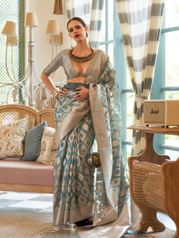 Odette - Festive Teal Tissue Woven Saree with Unstitched Blouse