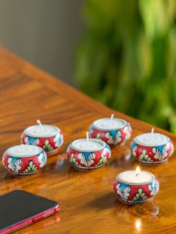 ExclusiveLane - 'Shimmering Mughals' Floral Hand-painted Tea-Light Holders In Ceramic (Set of 6)