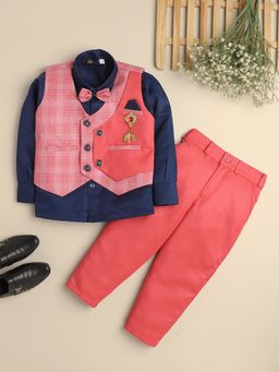 FOURFOLDS - Boys Coral Checked 3 Piece Suit with Bowtie