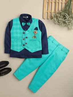 FOURFOLDS - Boys Sea Green Checked 3 Piece Suit Set with Bowtie