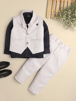 FOURFOLDS - Boys Beige Solid 3 Piece Suit with Bowtie
