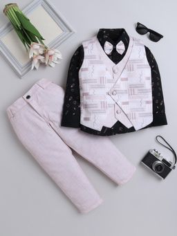 FOURFOLDS - Boys Beige Modern Pattern 3 Piece Suit with Bowtie