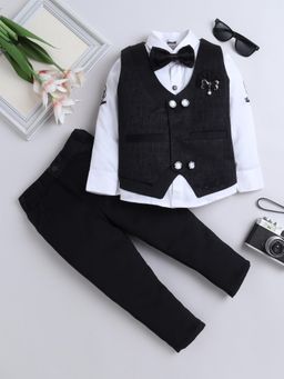 FOURFOLDS - Boys Black Printed Pattern 3 Piece Suit with Bowtie