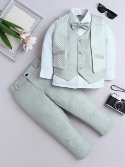 FOURFOLDS - Boys Light Green Geometric Pattern 3 Piece Suit with Bowtie