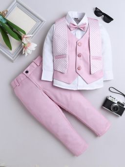 FOURFOLDS - Boys Pink Geometric Pattern 3 Piece Suit with Bowtie