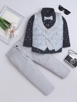 FOURFOLDS - Boys Grey Typography 3 Piece Suit with Bowtie