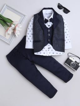 FOURFOLDS - Boys Navy Blue Jacquard 3 Piece Suit with Bowtie