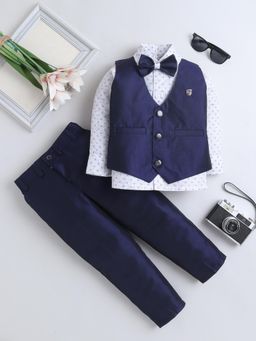 FOURFOLDS - Boys Navy Blue Printed 3 Piece Suit with Bowtie