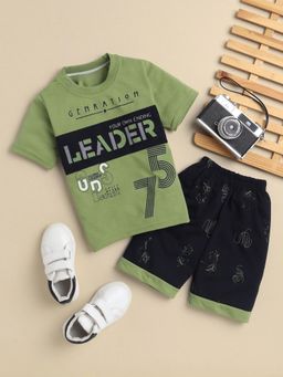 FOURFOLDS - Boys Green Printed T-Shirt and Shorts