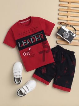 FOURFOLDS - Boys Red Printed T-Shirt and Shorts