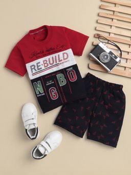 FOURFOLDS - Boys Red Printed T-Shirt and Shorts