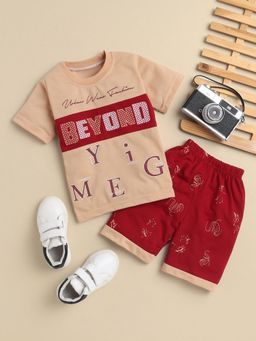 FOURFOLDS - Boys Beige Printed T-Shirt and Shorts