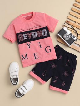 FOURFOLDS - Boys Pink Printed T-Shirt and Shorts
