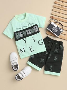 FOURFOLDS - Boys Sea Green Printed T-Shirt and Shorts