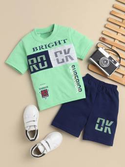 FOURFOLDS - Boys Green Printed T-Shirt and Shorts