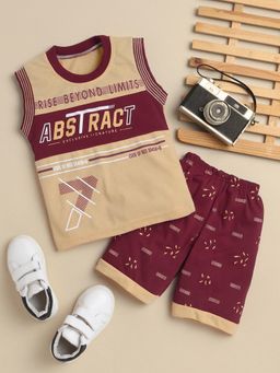 FOURFOLDS - Boys Beige Printed T-Shirt and Shorts