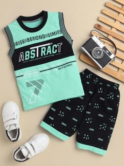 FOURFOLDS - Boys Sea Green Printed T-Shirt and Shorts
