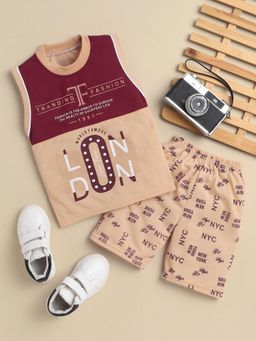 FOURFOLDS - Boys Beige Printed T-Shirt and Shorts