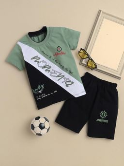 FOURFOLDS - Boys Green Printed T-Shirt and Shorts