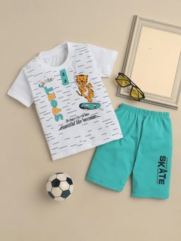 FOURFOLDS - Boys White Printed T-Shirt and Shorts