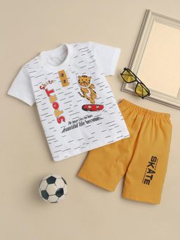 FOURFOLDS - Boys White Printed T-Shirt and Shorts