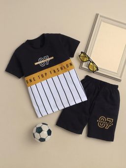 FOURFOLDS - Boys Black Printed T-Shirt and Shorts
