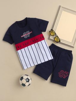 FOURFOLDS - Boys Navy Blue Printed T-Shirt and Shorts