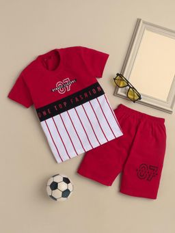 FOURFOLDS - Boys Red Printed T-Shirt and Shorts