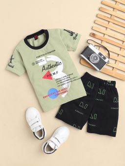 FOURFOLDS - Boys Olive Green Half Sleeves Printed T-Shirts and Shorts