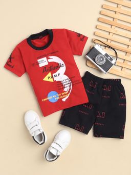 FOURFOLDS - Boys Red Half Sleeves Printed T-Shirts and Shorts
