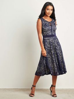 Styli - Blue Lace Overlay Cut-out Detail Skater Midi Dress