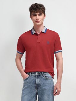 U.S. POLO ASSN. - Solid/Plain Red Half Sleeves Collar Neck Polo T-Shirt