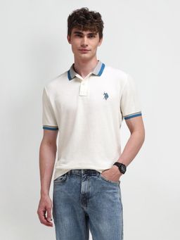 U.S. POLO ASSN. - Solid/Plain Off White Half Sleeves Collar Neck Polo T-Shirt