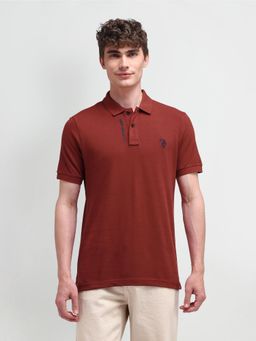 U.S. POLO ASSN. - Solid/Plain Rust Half Sleeves Collar Neck Polo T-Shirt
