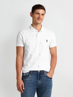 U.S. POLO ASSN. - Printed White Half Sleeves Collar Neck Polo T-Shirt