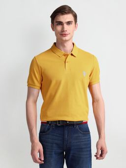 U.S. POLO ASSN. - Solid/Plain Yellow Half Sleeves Collar Neck Polo T-Shirt